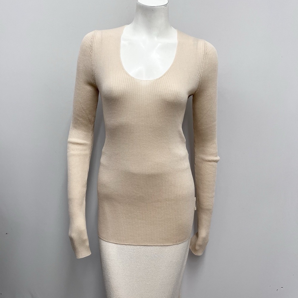 Gucci Thin Ribbed‎ 100% Wool Long Sleeve Top NWT Lite Tan Flesh Tone Size M